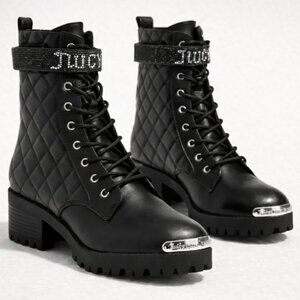 Juicy Couture Black Combat Boots Chunky Lug Quilted Booties Size 8.5 NWT